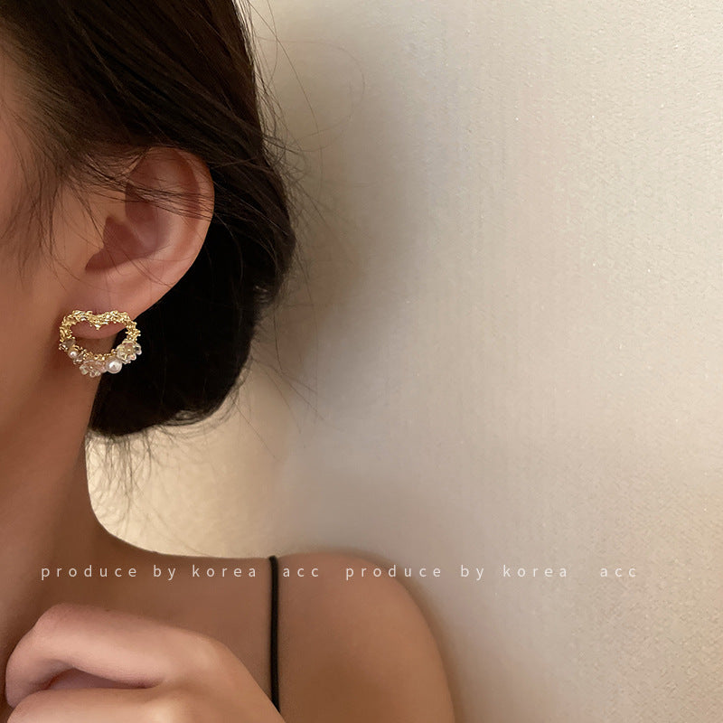 Silver Needle Hollow Love Flower Pearl Stud Earrings