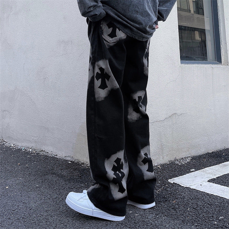 Men's Niche Autumn Retro Alphabet Straight Jeans American Street pants