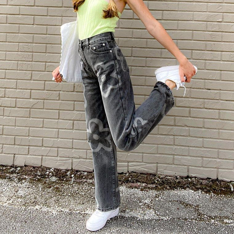 Fashion Street Graffiti Straight Leg High Waist Jeans Women pants