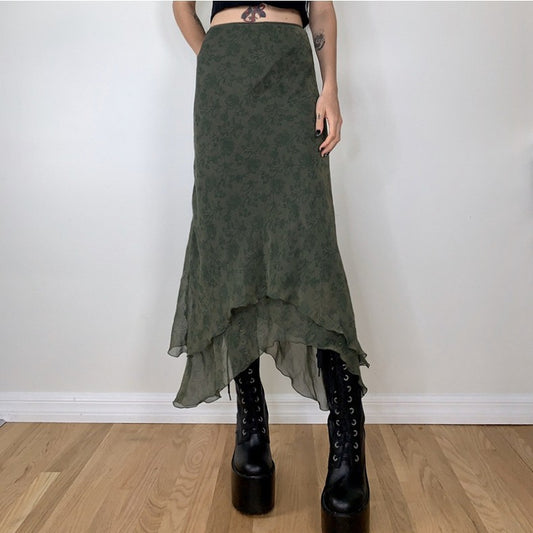 Green Solid Color Short Irregular Skirt Temperament Commuter Mesh Sand Long