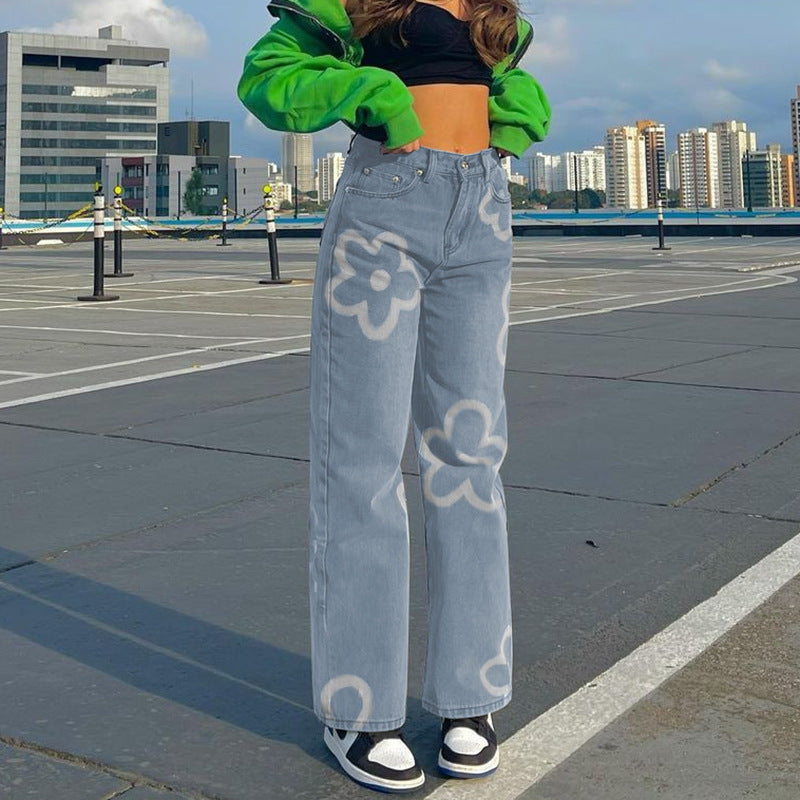 Fashion Street Graffiti Straight Leg High Waist Jeans Women pants