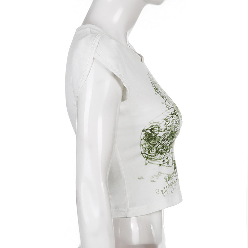 European And American Retro Print Slim Round Neck Cropped Top