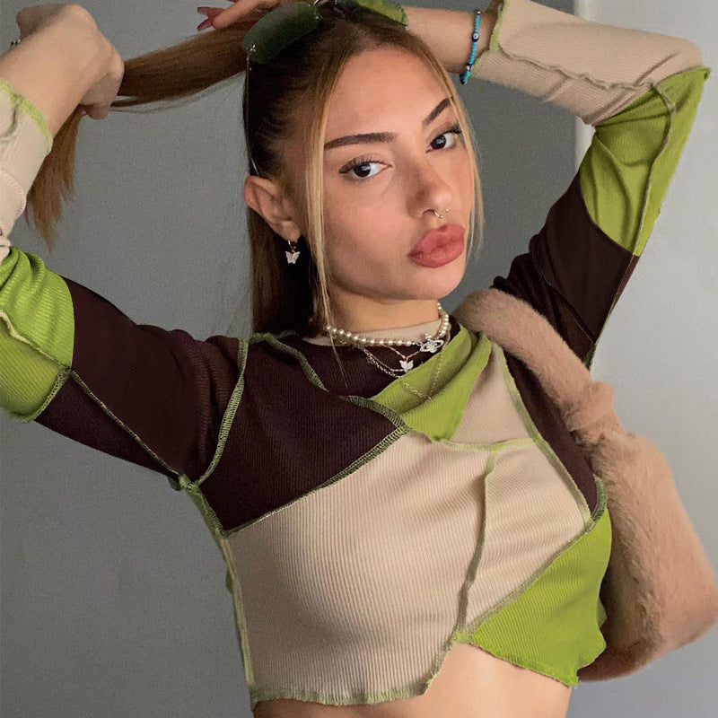 Nibber Round Neck Contrast Patchwork Long Sleeve Sexy Crop Tops Autumn Winter Women Fashion Streetwear Outifts