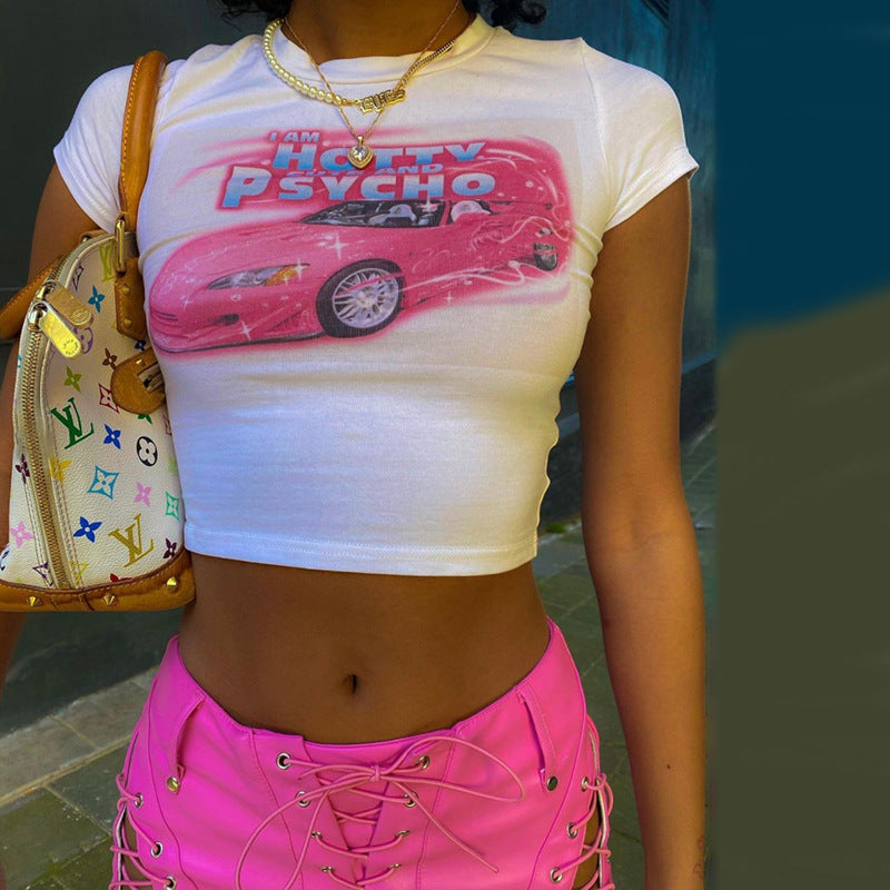 Skinny Women Graphic Belly Button Trend O-Neck Stretch Short Sleeve Crop Top Streetwear Slim Tee