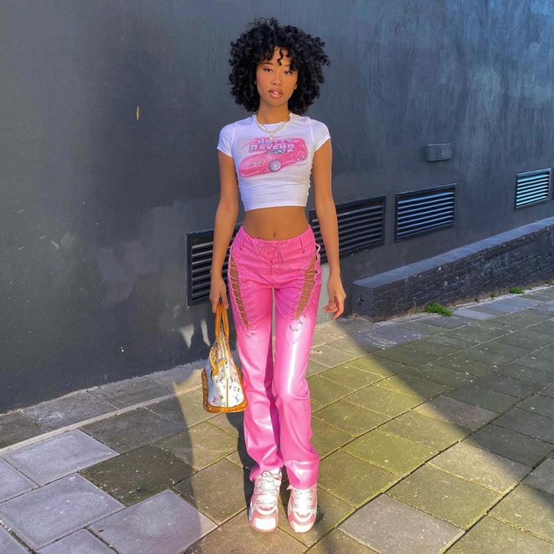 Skinny Women Graphic Belly Button Trend O-Neck Stretch Short Sleeve Crop Top Streetwear Slim Tee