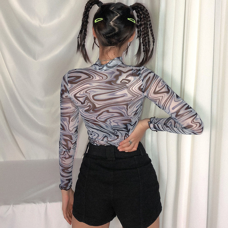 Oil Painting Style Striped Slim Long-sleeved Top