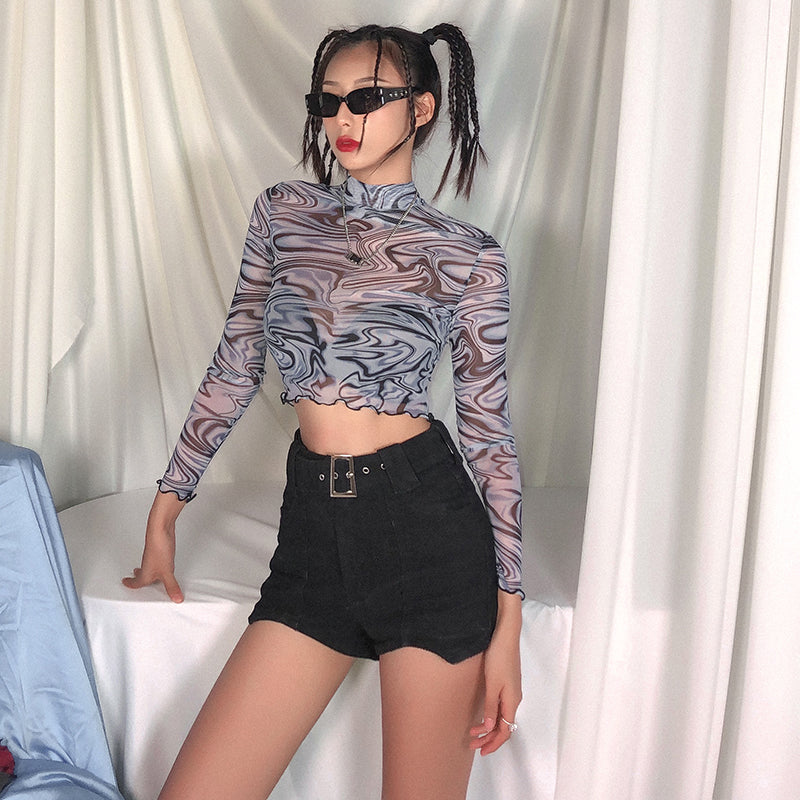 Oil Painting Style Striped Slim Long-sleeved Top