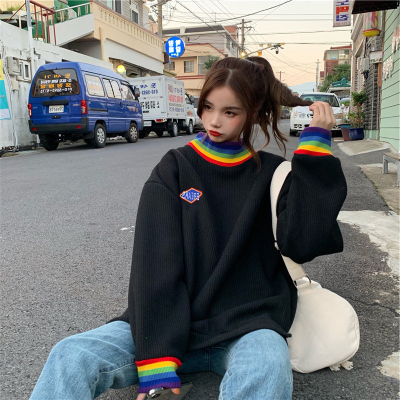 New Korean Style Loose Rainbow Half High Collar Thin Coat Sweater