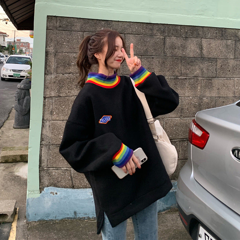 New Korean Style Loose Rainbow Half High Collar Thin Coat Sweater