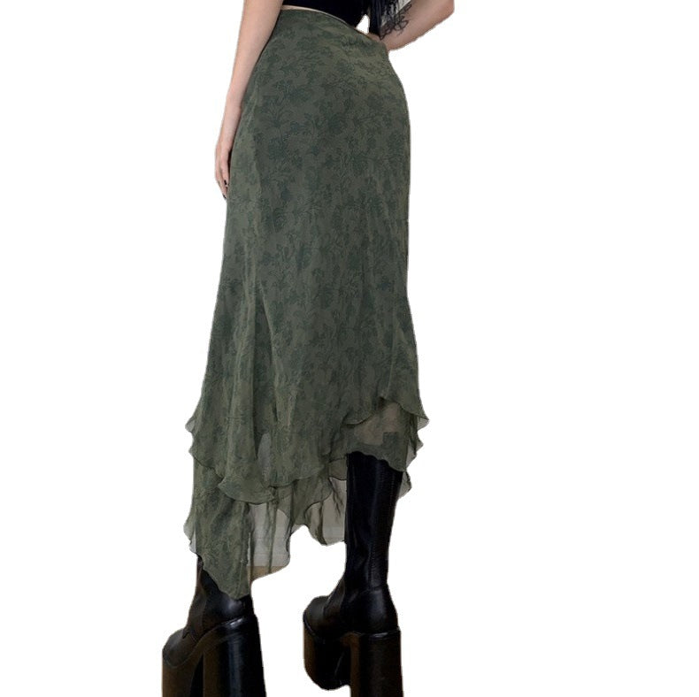 Green Solid Color Short Irregular Skirt Temperament Commuter Mesh Sand Long