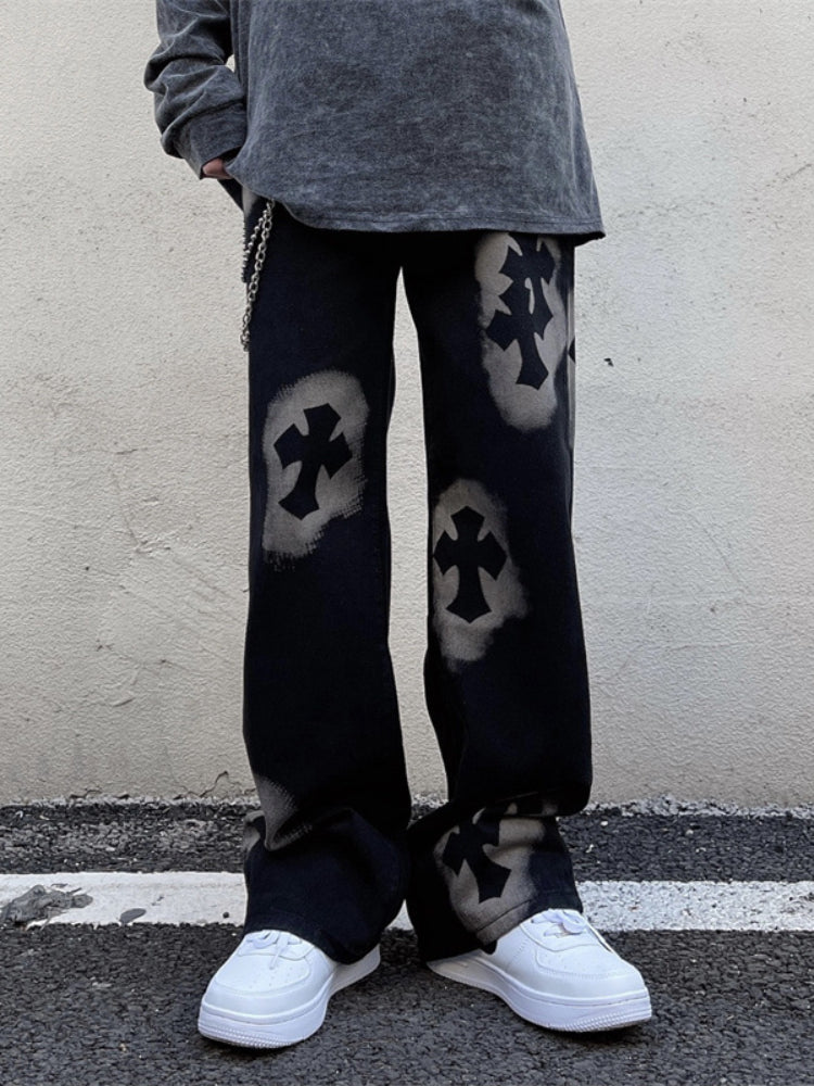 Men's Niche Autumn Retro Alphabet Straight Jeans American Street pants
