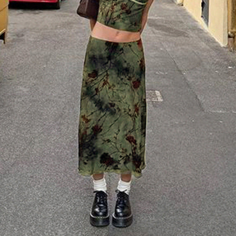 Make Old Halo-dyed Green Knee-length Low Waist A-shaped Long Skirt