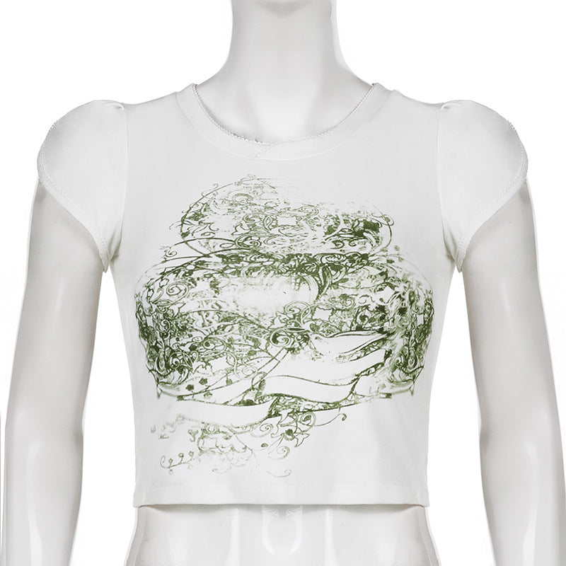European And American Retro Print Slim Round Neck Cropped Top