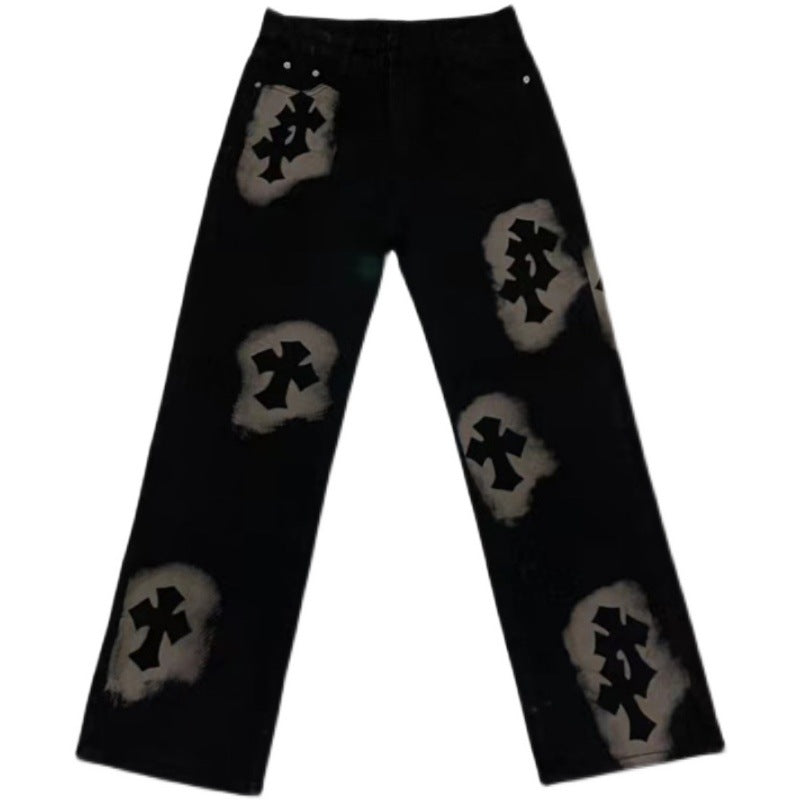 Men's Niche Autumn Retro Alphabet Straight Jeans American Street pants