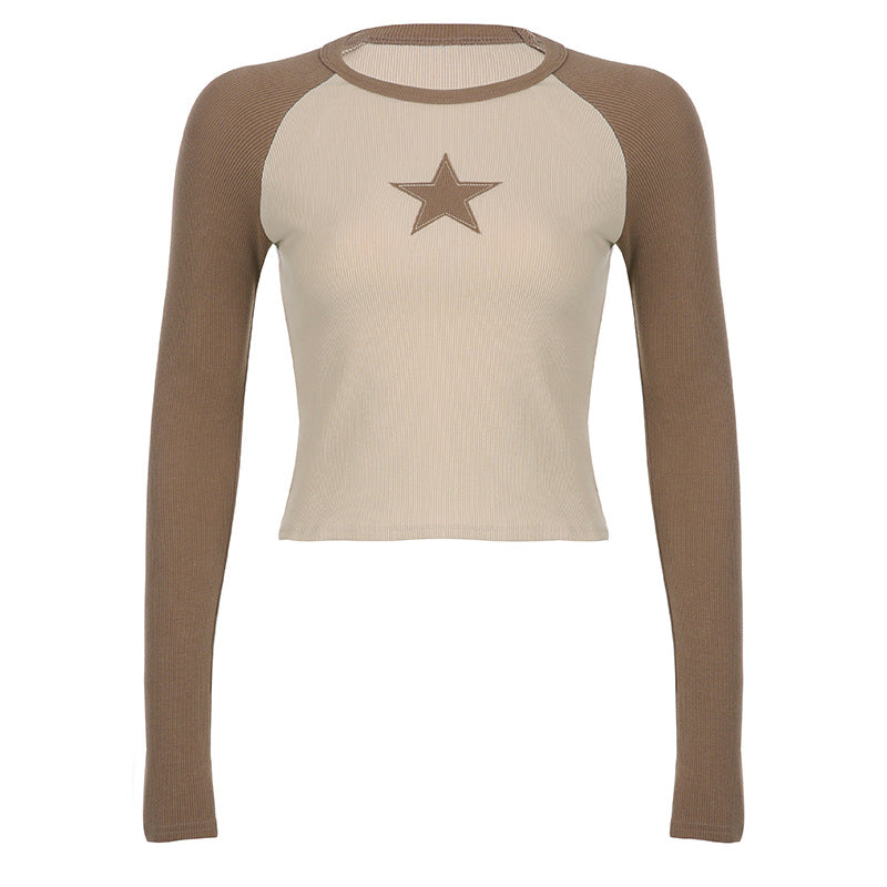 Stars Patchwork Long Sleeve  Women Slim Tops