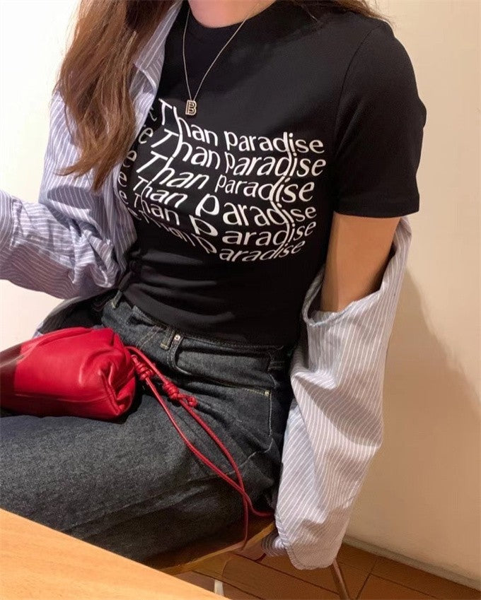 Women's White Letter Printed Short Sleeved Top