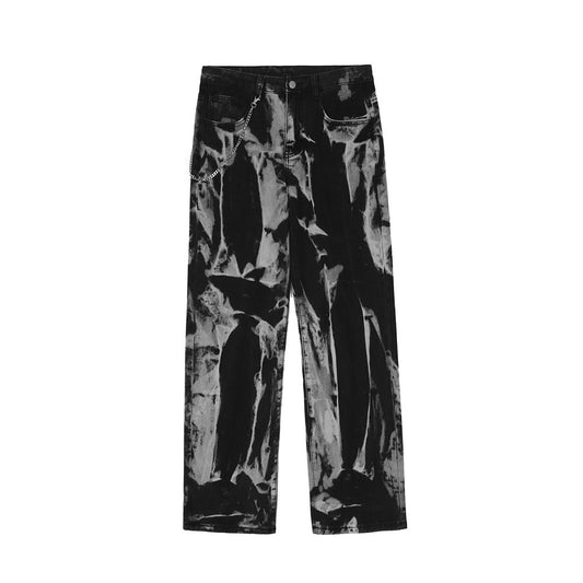 Chain Decoration Tie-dye Distressed Old Jeans Men's High Street Fashion Brand Loose Straight pants