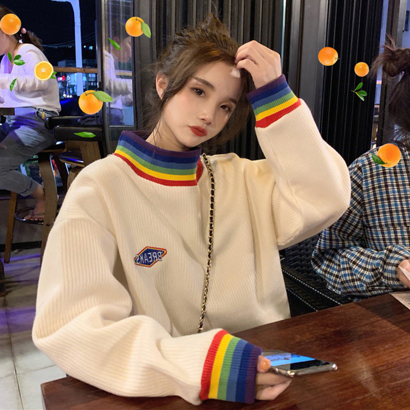 New Korean Style Loose Rainbow Half High Collar Thin Coat Sweater