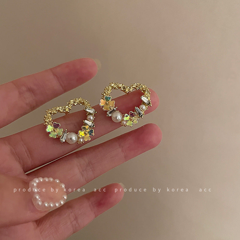 Silver Needle Hollow Love Flower Pearl Stud Earrings