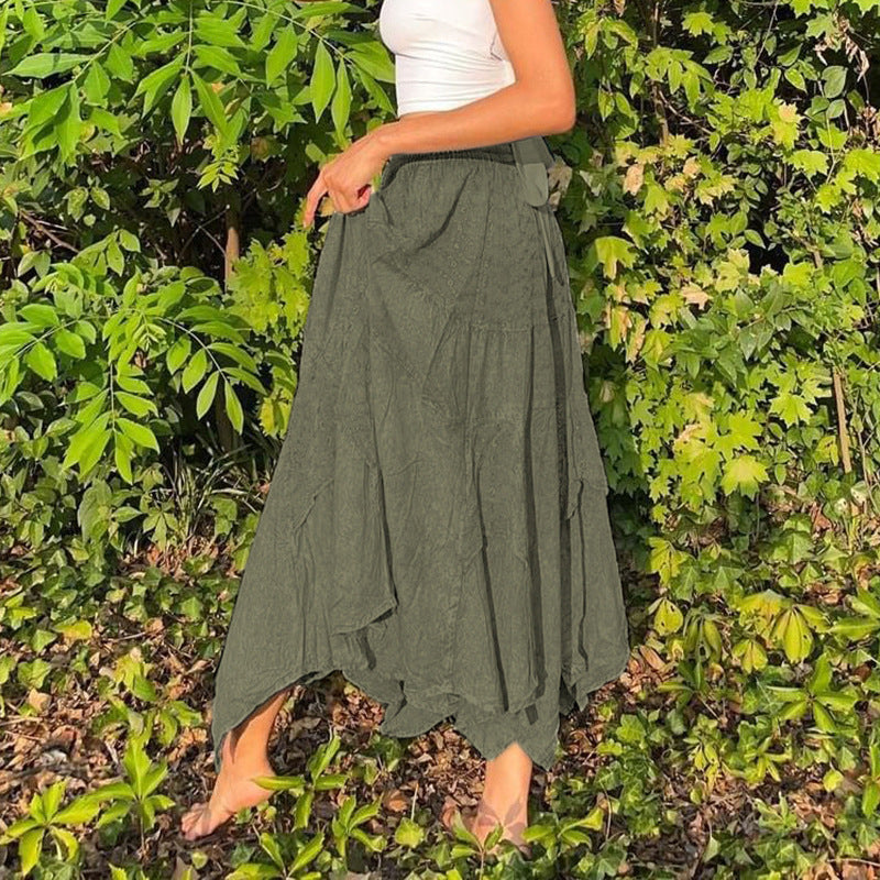 Washed Cotton Pleated Skirt Irregular