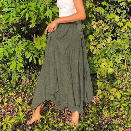 Washed Cotton Pleated Skirt Irregular