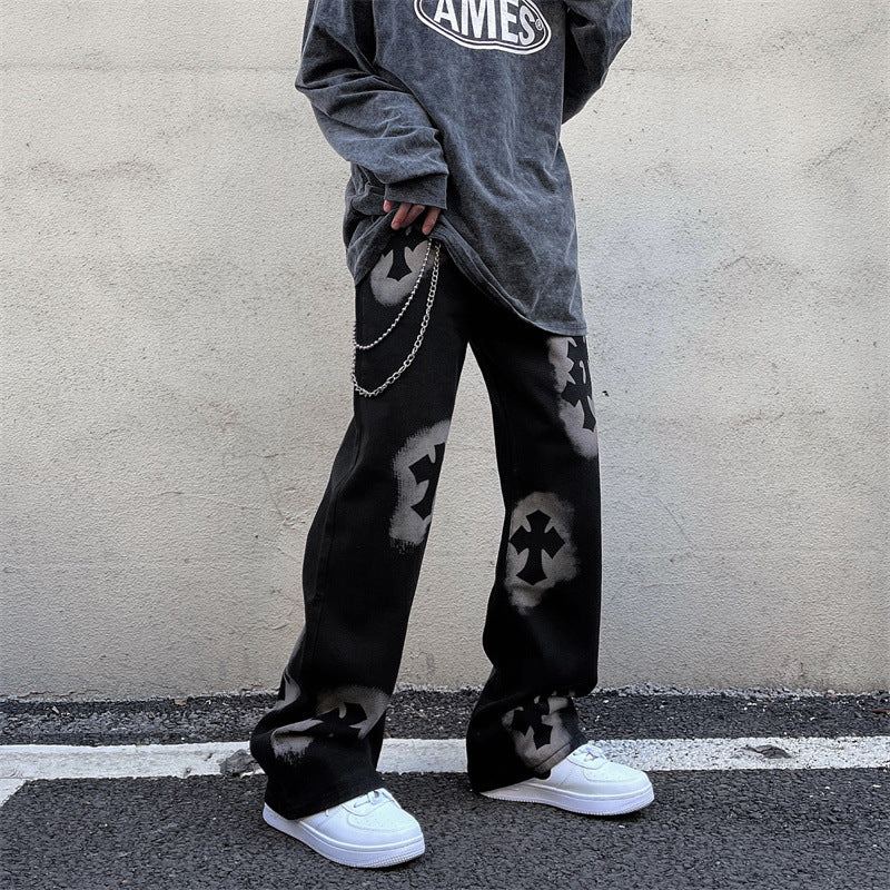 Men's Niche Autumn Retro Alphabet Straight Jeans American Street pants