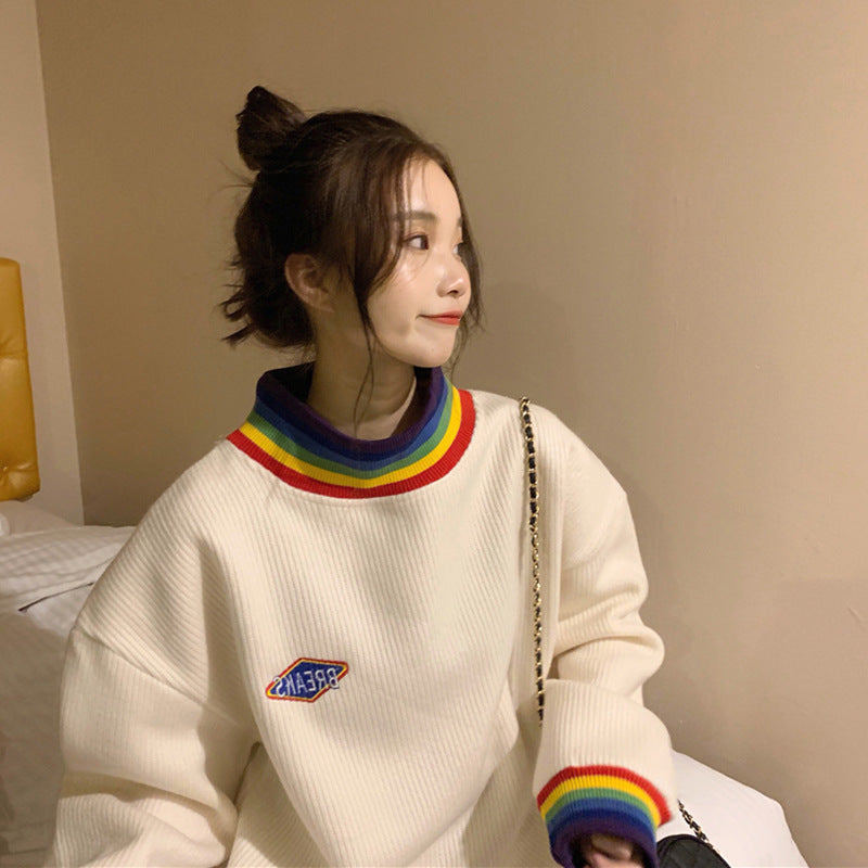 New Korean Style Loose Rainbow Half High Collar Thin Coat Sweater