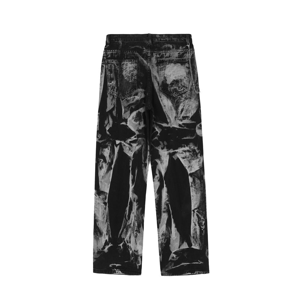 Chain Decoration Tie-dye Distressed Old Jeans Men's High Street Fashion Brand Loose Straight pants
