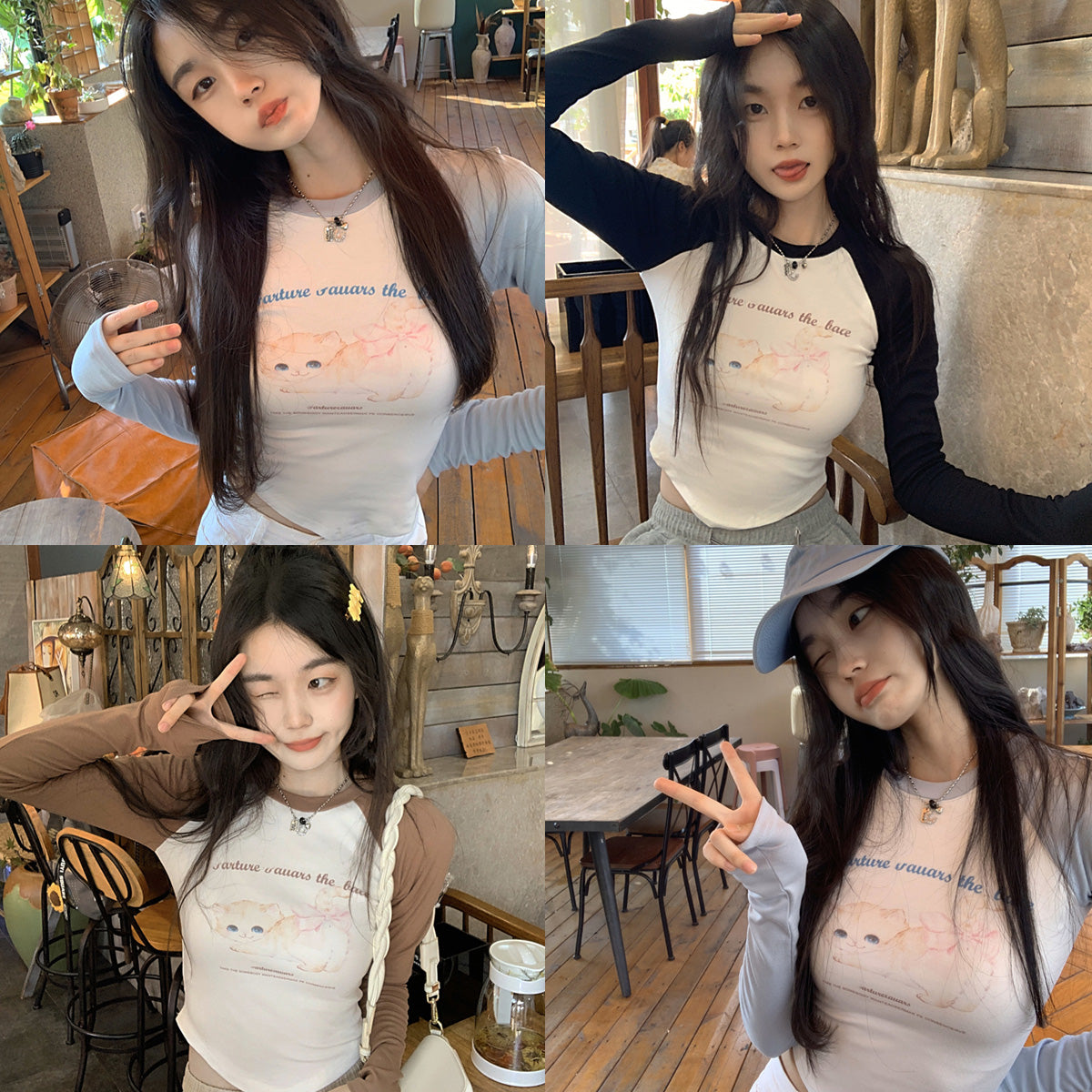 Women's Retro Black New Korean Cartoon Print Top