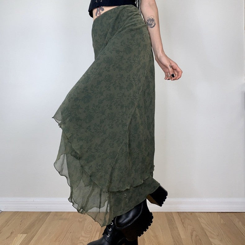 Green Solid Color Short Irregular Skirt Temperament Commuter Mesh Sand Long