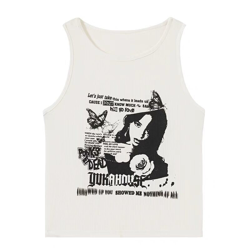 Streetwear Y2k Kawaii Print Sleeveless Ribbed Knit Vest Top Cropped Feminino Gothic Clothes