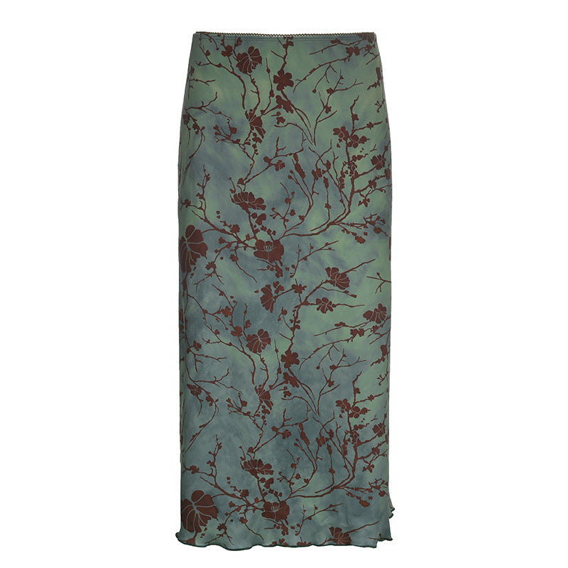 Make Old Halo-dyed Green Knee-length Low Waist A-shaped Long Skirt