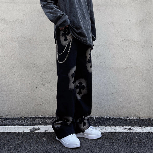 Men's Niche Autumn Retro Alphabet Straight Jeans American Street pants