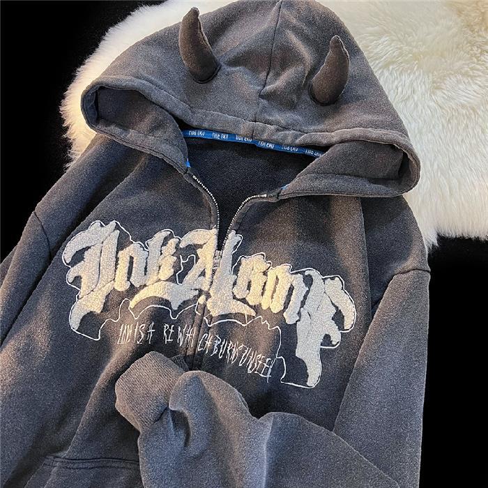 Printed Letter Lovely Devil Hoodie Girl
