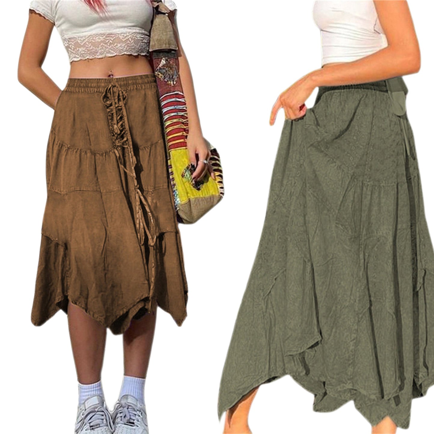 Washed Cotton Pleated Skirt Irregular