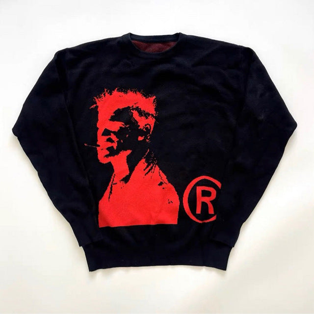 Men's Head Pattern Pullover High-quality Knitted Crewneck Sweater Long Sleeves