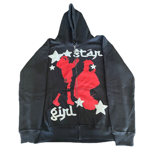 Street Hip Hop Star Print Black Zip Hoodie