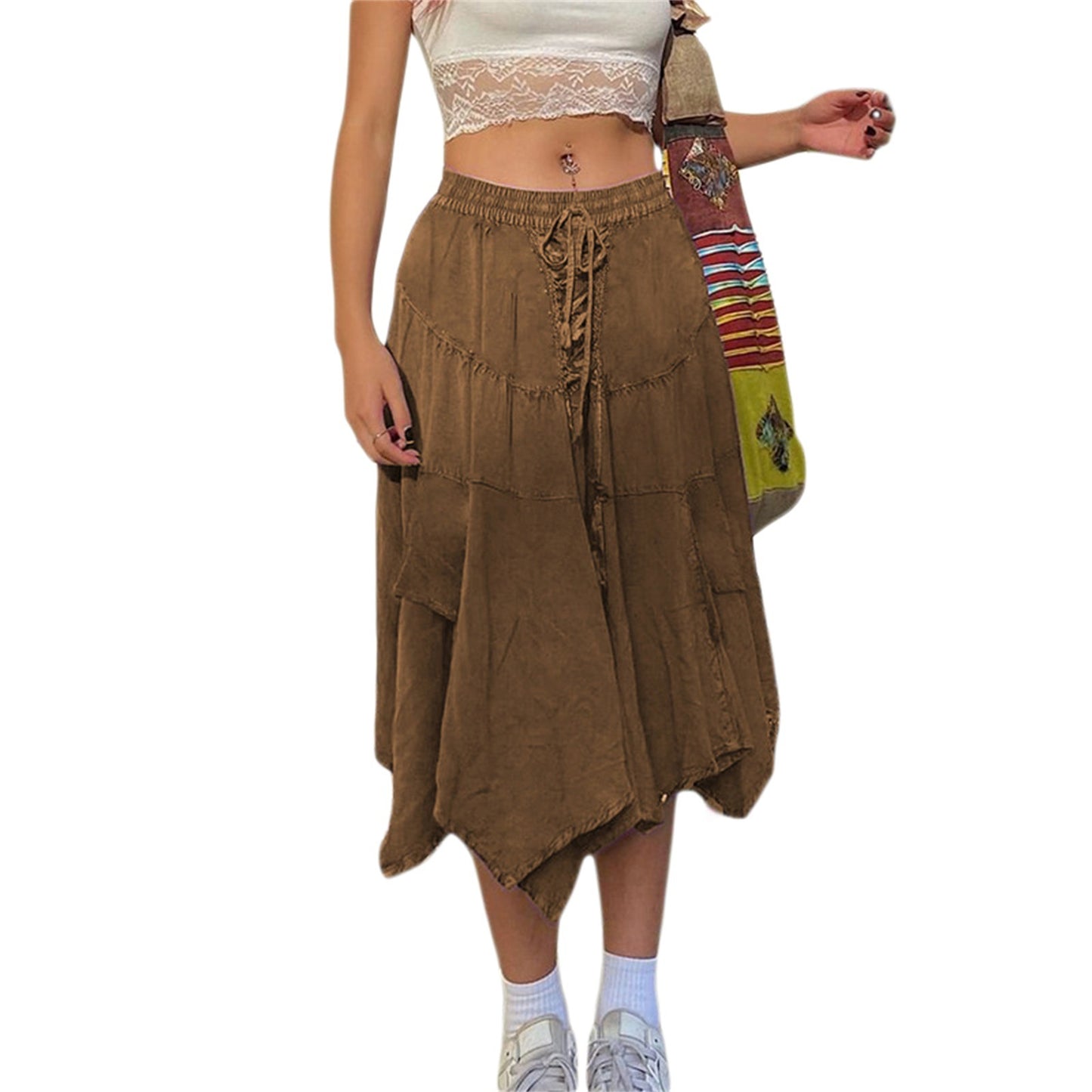 Washed Cotton Pleated Skirt Irregular