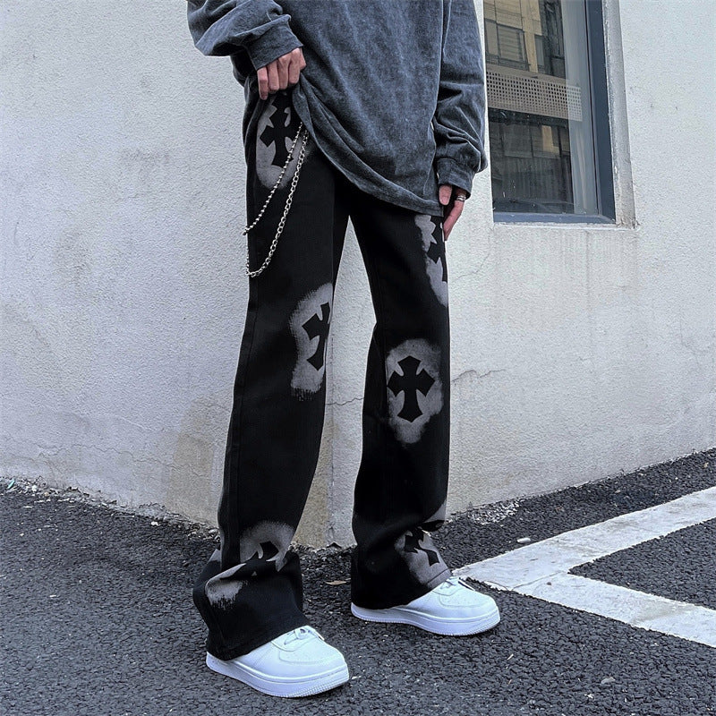 Men's Niche Autumn Retro Alphabet Straight Jeans American Street pants