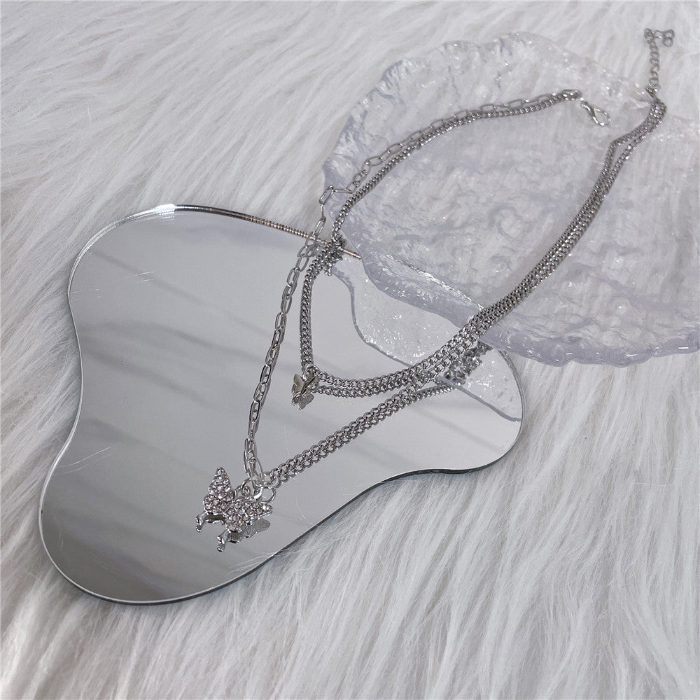 Fashion Double Stitching Full Diamond Butterfly Necklace