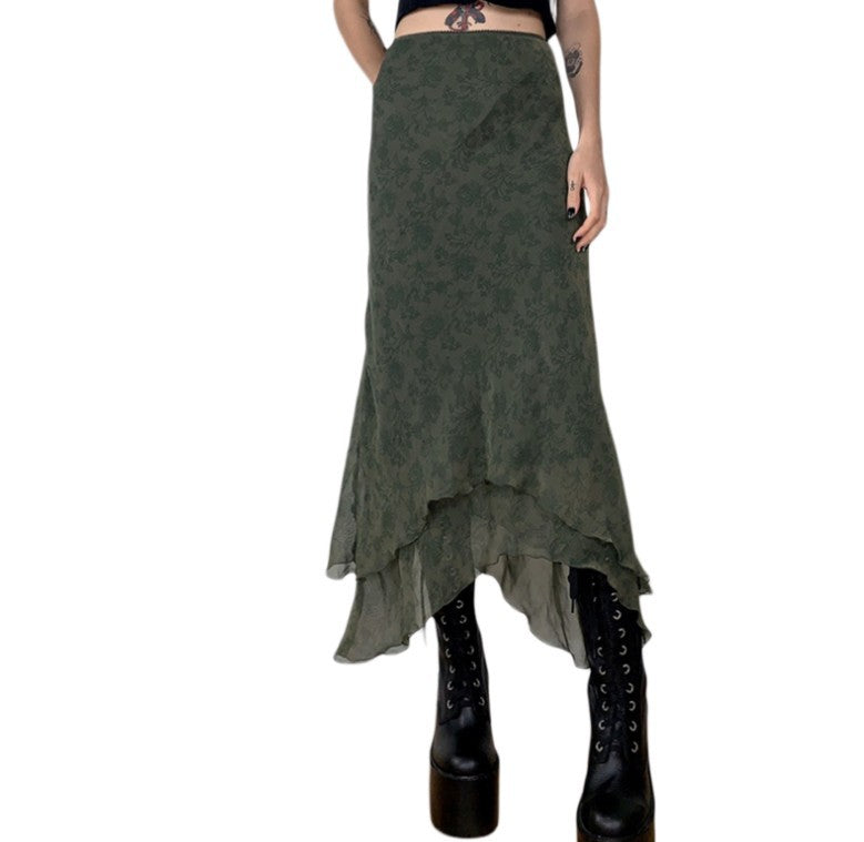 Green Solid Color Short Irregular Skirt Temperament Commuter Mesh Sand Long