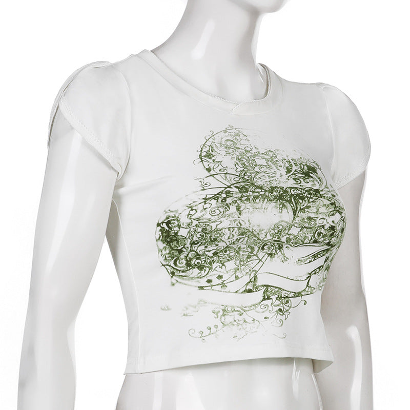 European And American Retro Print Slim Round Neck Cropped Top